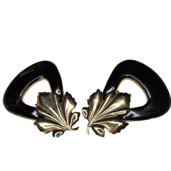 Vintage Gold & Black Clip-On Earrings With Leaf Design - Picture 1 of 2